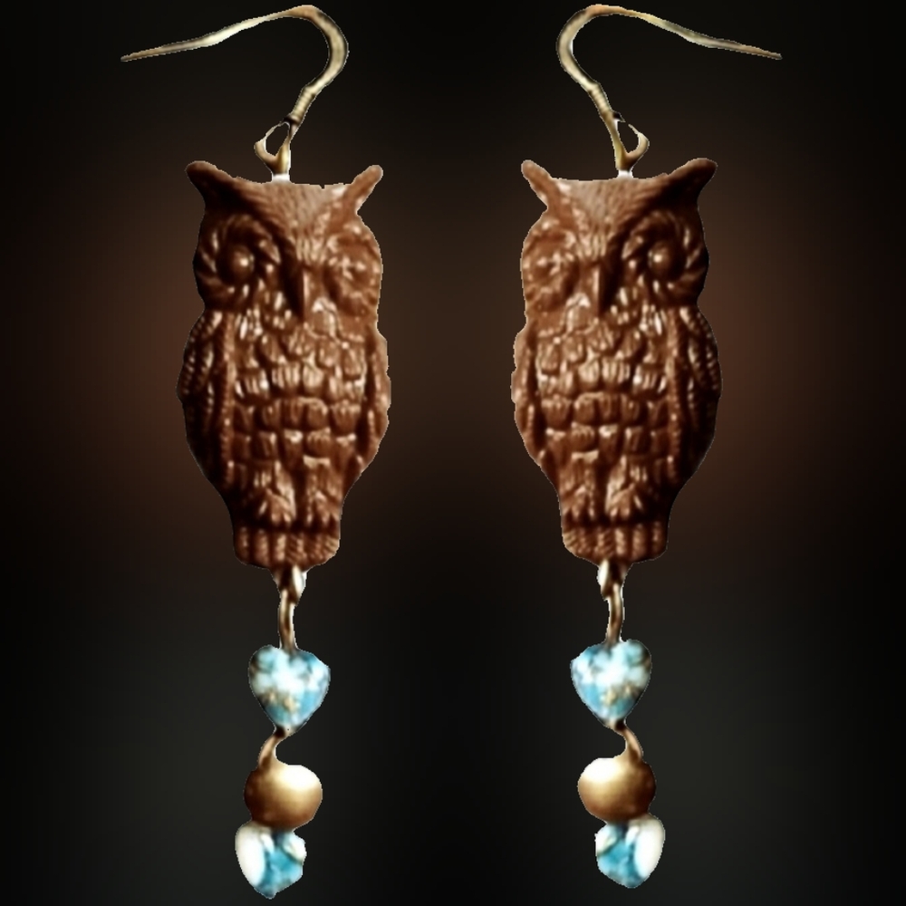 Vtg gold blue marble heart beaded brown Owl dangle earrings handmade NWT